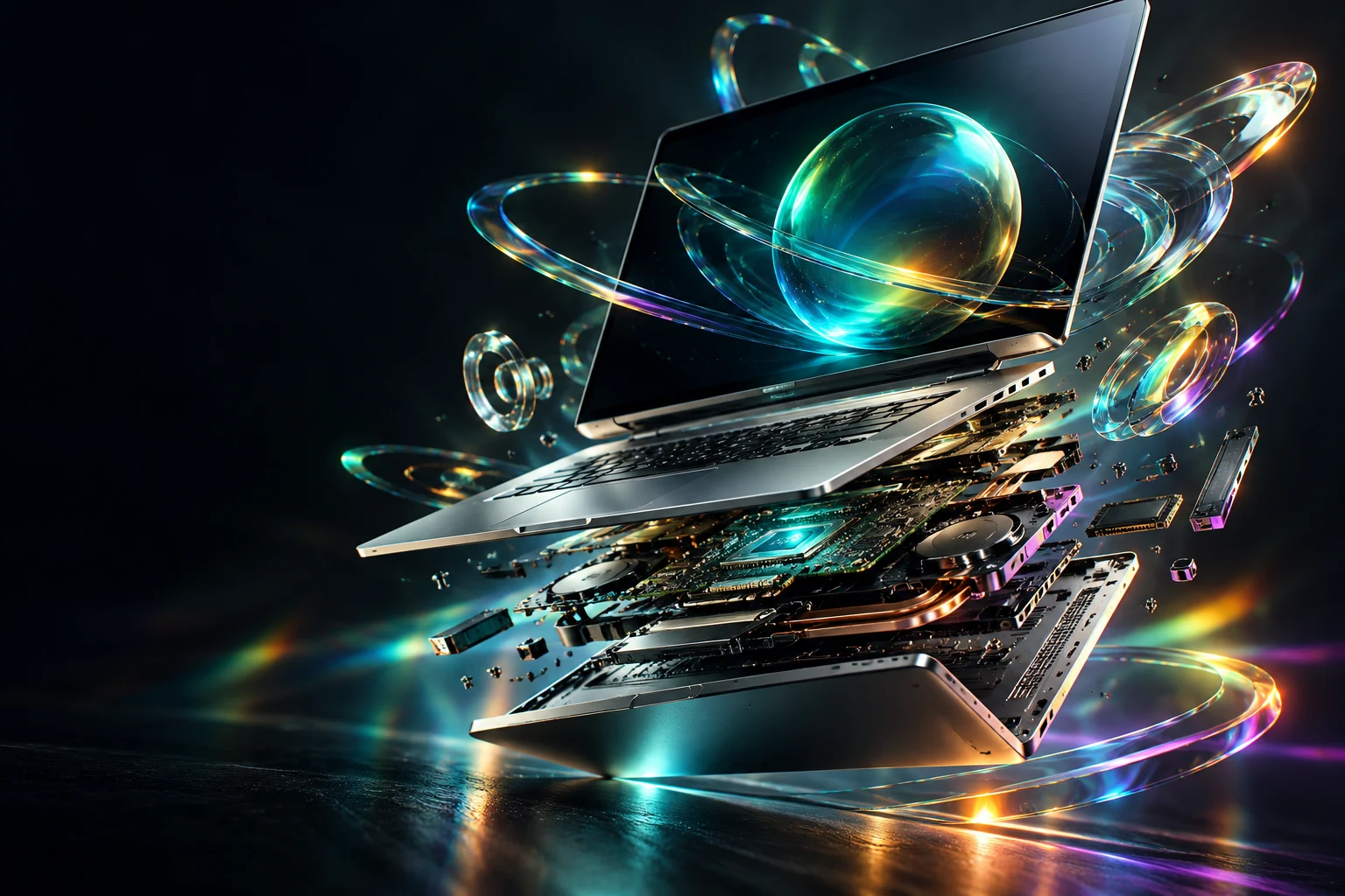 Composición conceptual de una laptop suspendida entre circuitos y anillos de luz multicolor